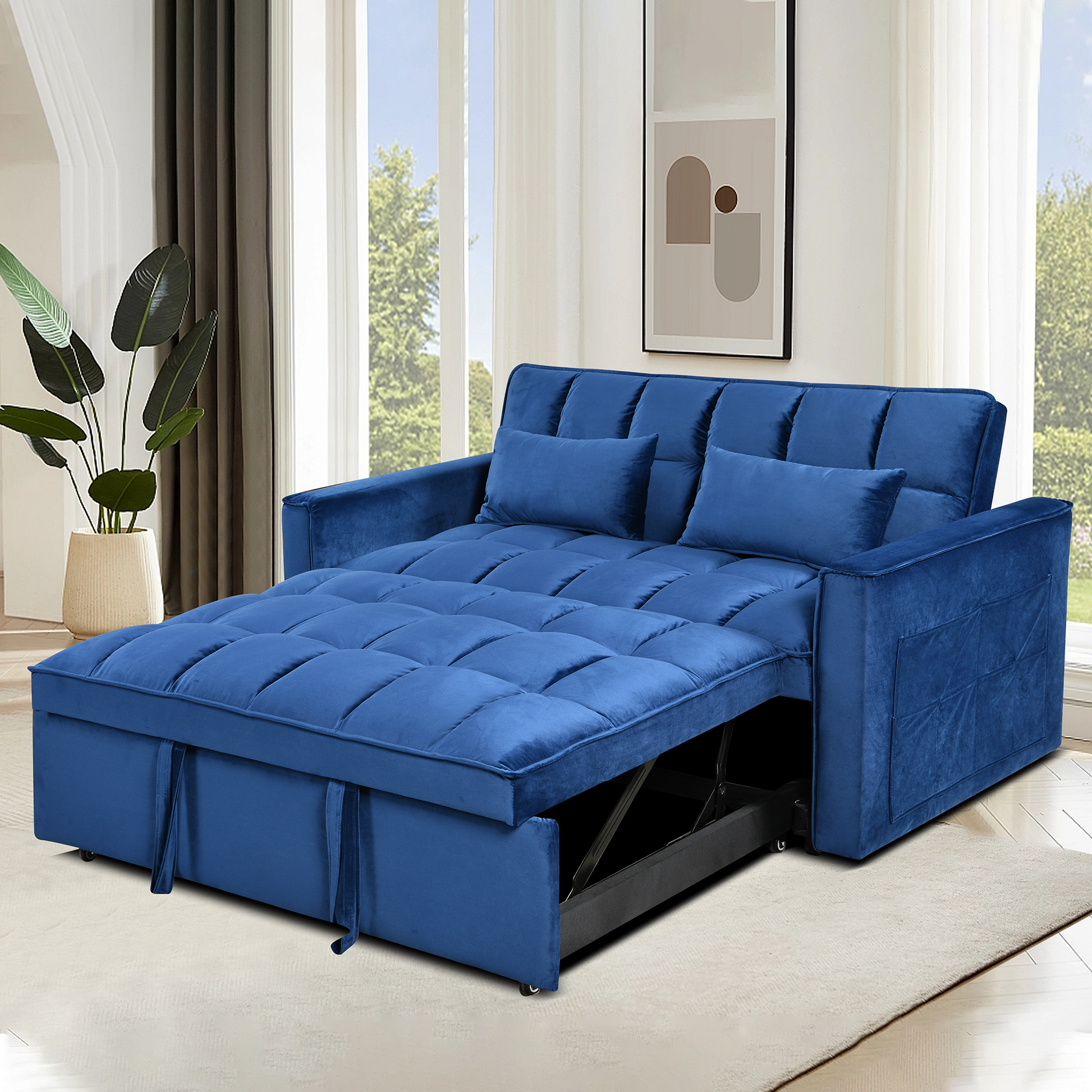 Modern Velvet Loveseat Futon Sofa Couch Pullout Bed - 3-in-1 Convertible Sleeper