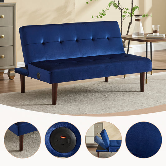 Foldable Fashion Sofa Bed - High-End Flannel Fabric, Adjustable Recliner Futon with Charging Port (Blue)