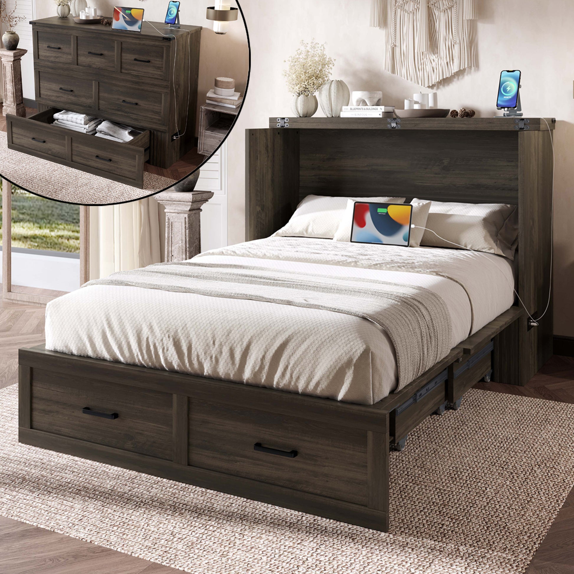 Murphy Bed Cabinet Full Size with Charging Station - Multi-Functional Foldable Platform Bed