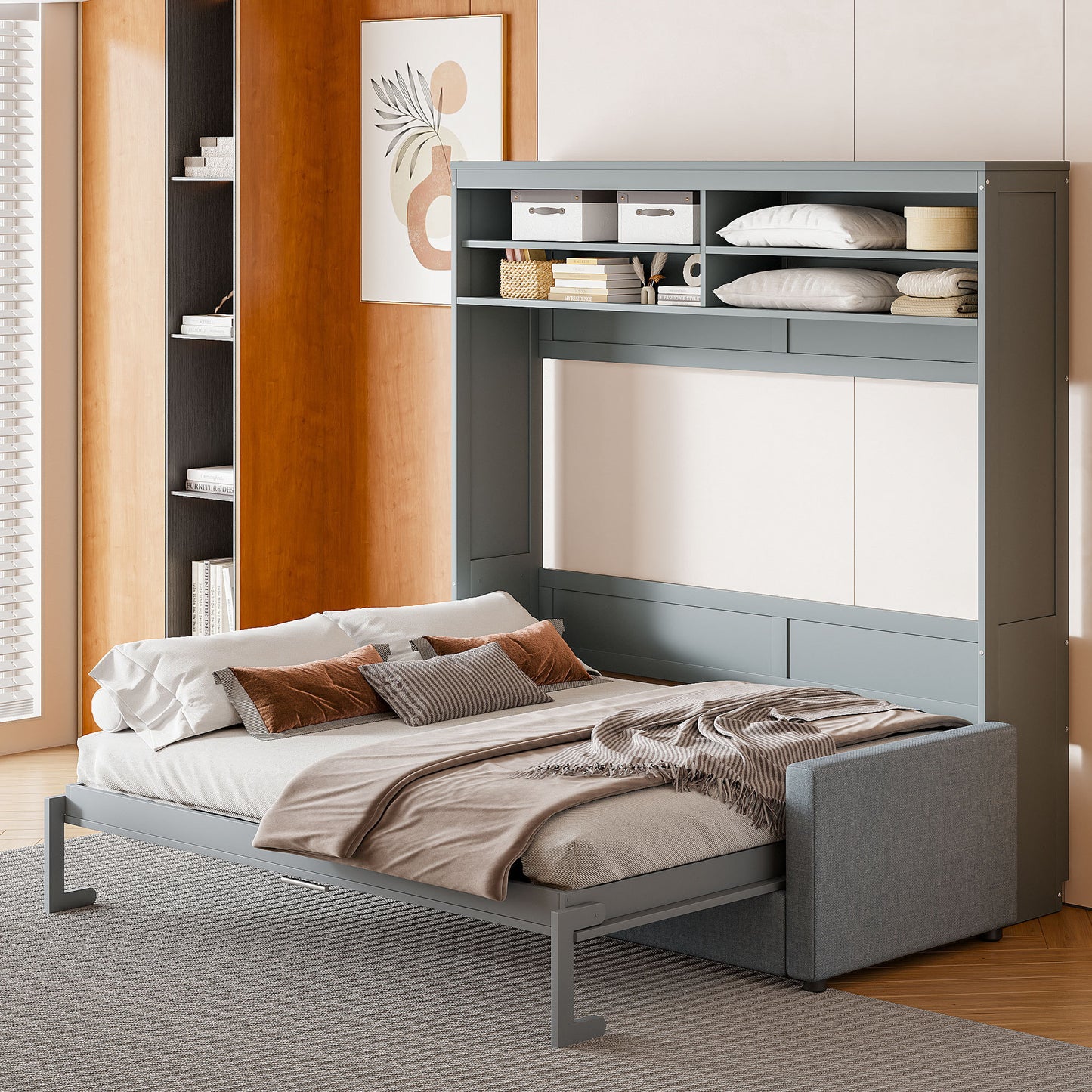 Queen Size Murphy Bed Wall Bed with Sofa - Compact Gray Design