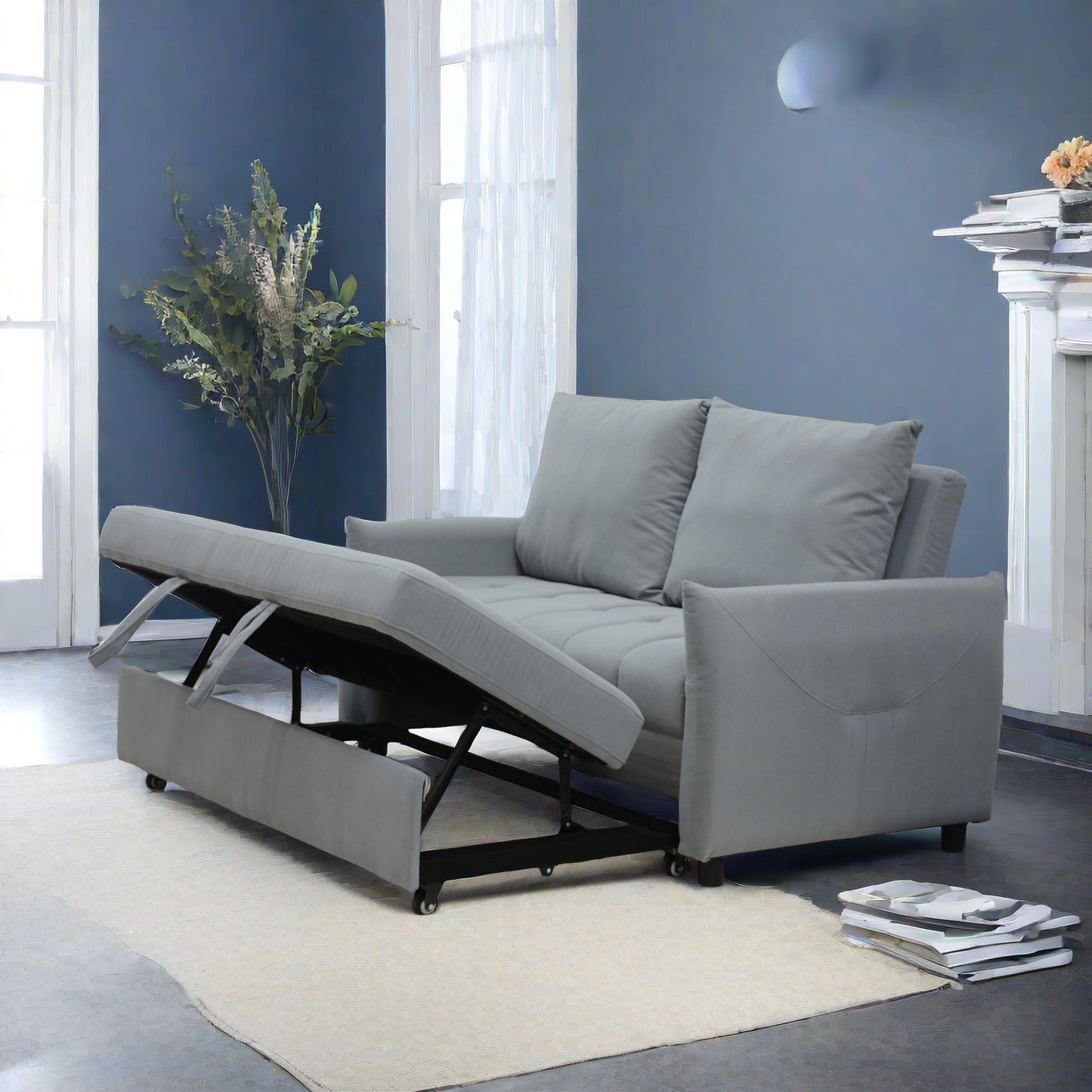 Modern 3 in 1 Sleeper Sofa Couch Bed - Light Blue Velvet Convertible Loveseat with Pillows & Storage