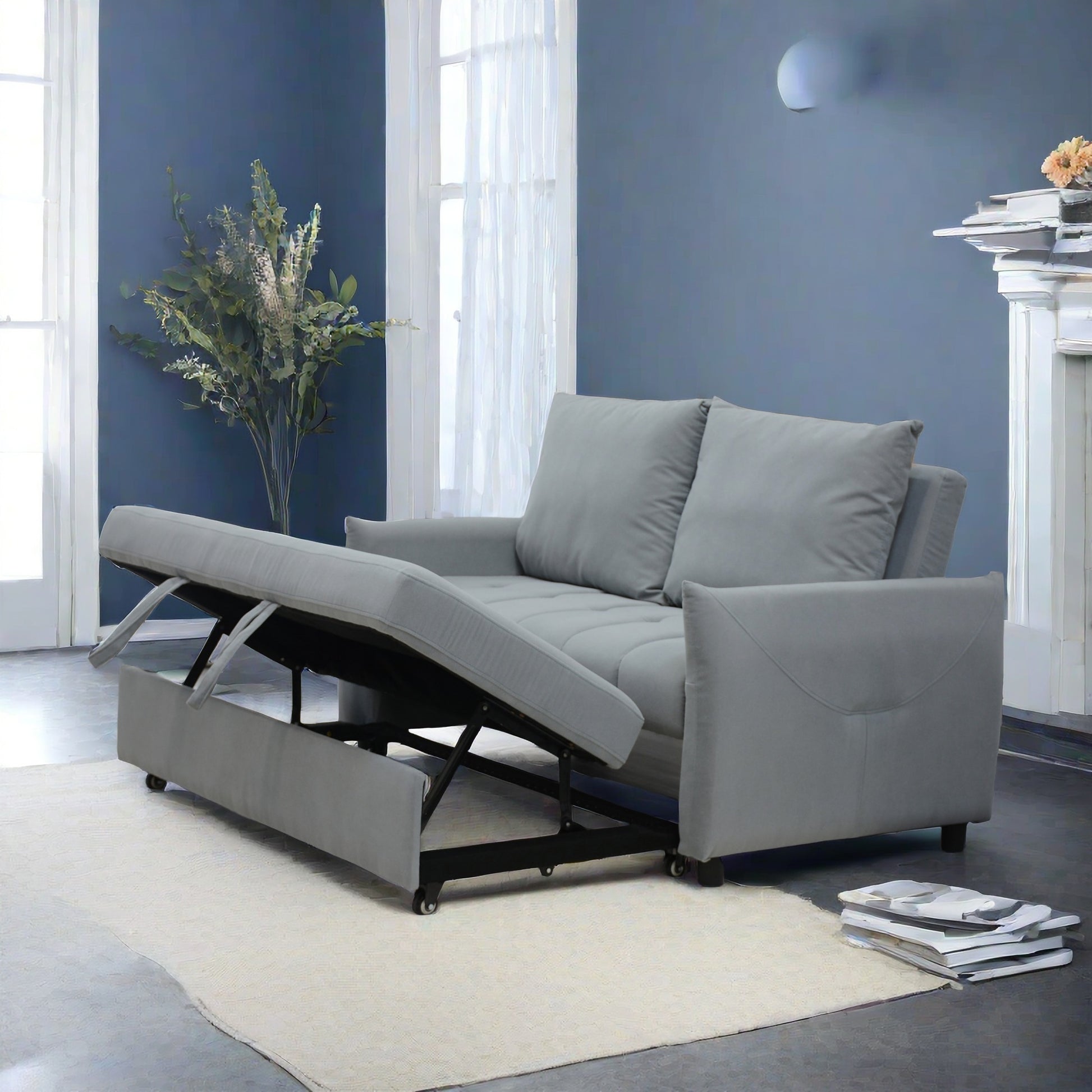 Modern 3 in 1 Sleeper Sofa Couch Bed - Light Blue Velvet Convertible Loveseat with Pillows & Storage