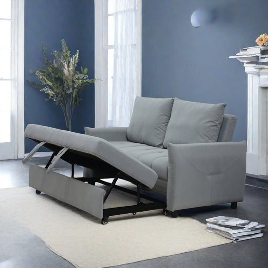 Modern 3 in 1 Sleeper Sofa Couch Bed - Light Blue Velvet Convertible Loveseat with Pillows & Storage