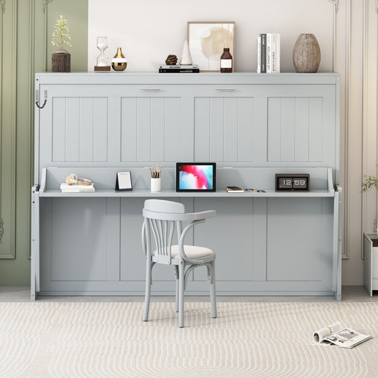 Queen Size Murphy Bed with Hydraulic Lift & Desk Design in Gray
