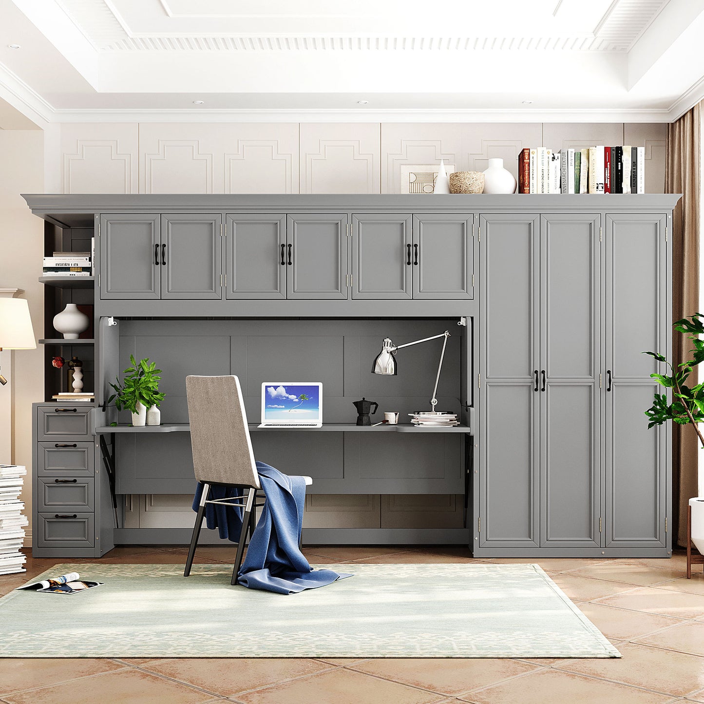 Twin Size Murphy Bed Wall Bed with Wardrobe, Cabinet and Desk in Gray
