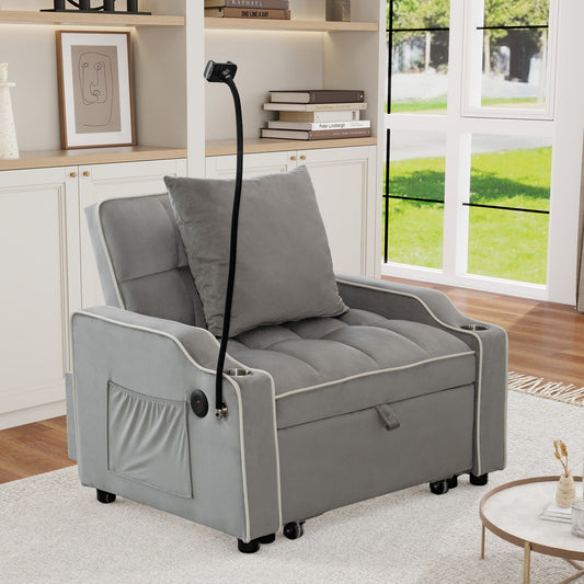 Convertible Single Chair Bed - 3 in 1 Velvet Futon Sleeper Sofa Bed with USB Ports