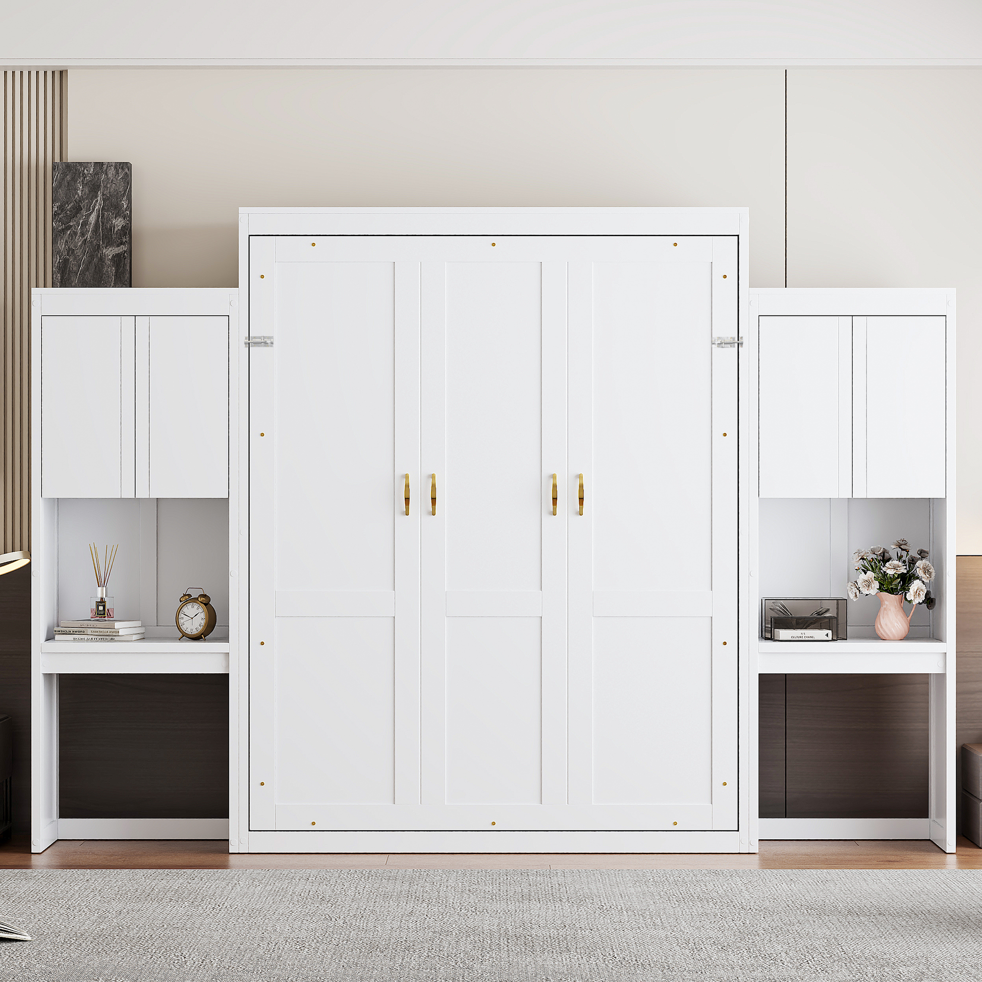 Queen Size Murphy Bed with Desk, Vanity and Cabinets - White