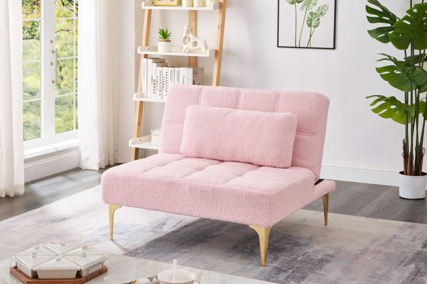Convertible Single Sofa Bed Futon with Gold Metal Legs Teddy Fabric (Pink)