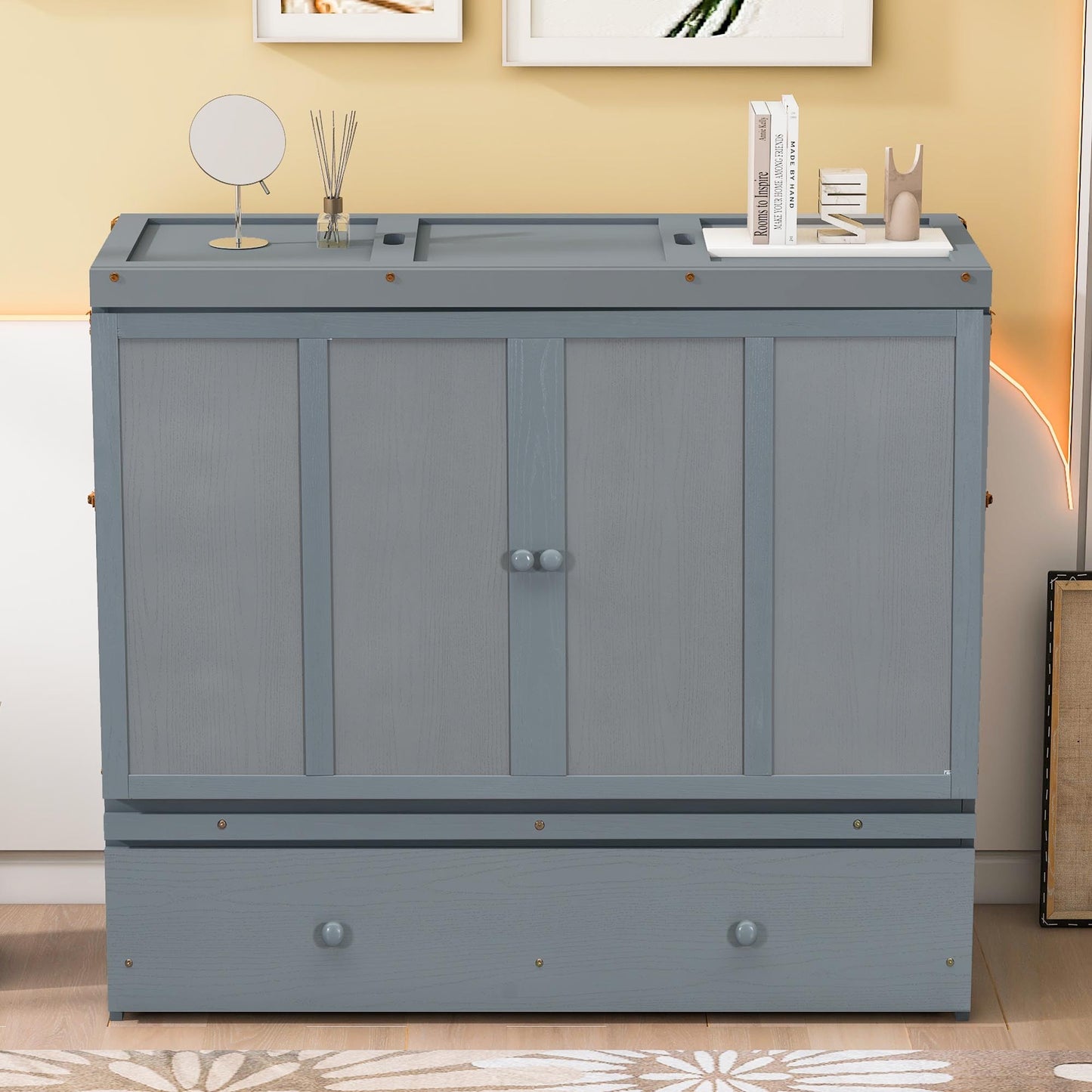 Full Size Murphy Bed with USB Port and Large Drawer in Gray