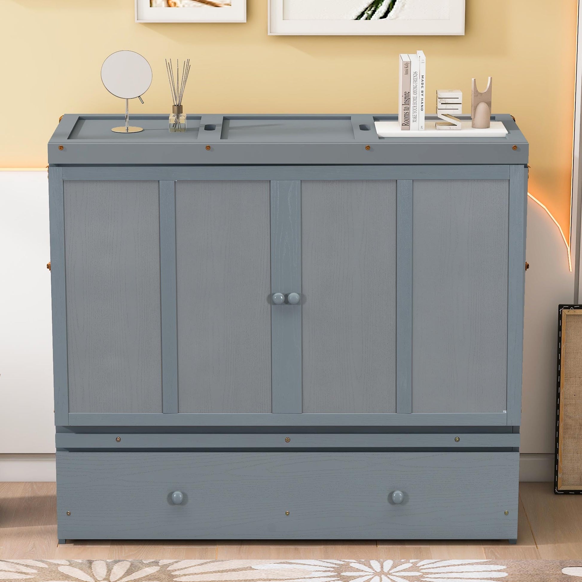 Full Size Murphy Bed with USB Port and Large Drawer in Gray