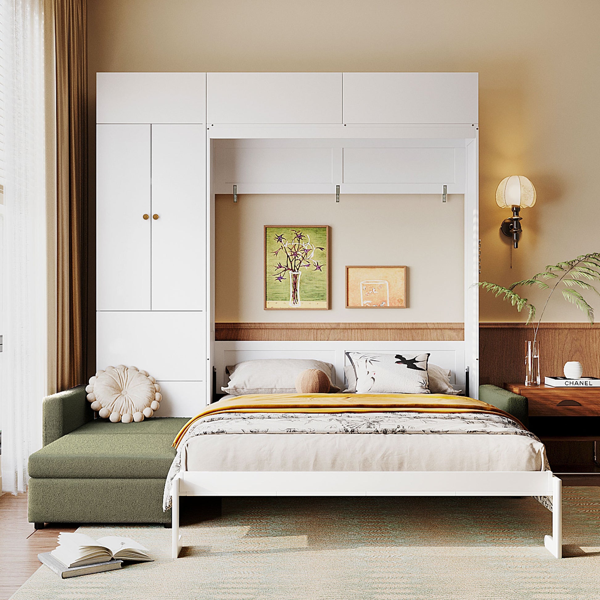 Queen Size Murphy Bed Wall Bed with Sofa and Shelves - White Panel, Green Sofa
