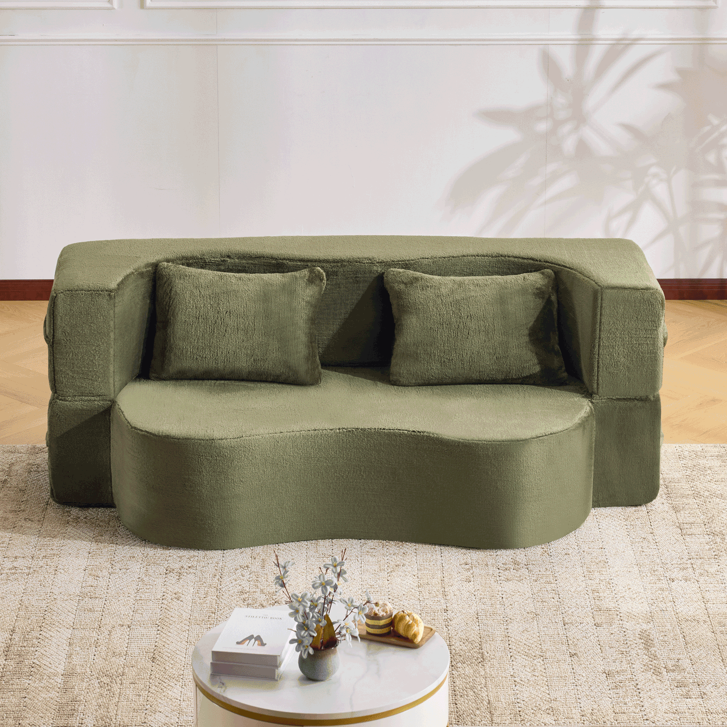 71-Inch Plush Folding Sofa Bed - Space-Saving Convertible Furniture in Green