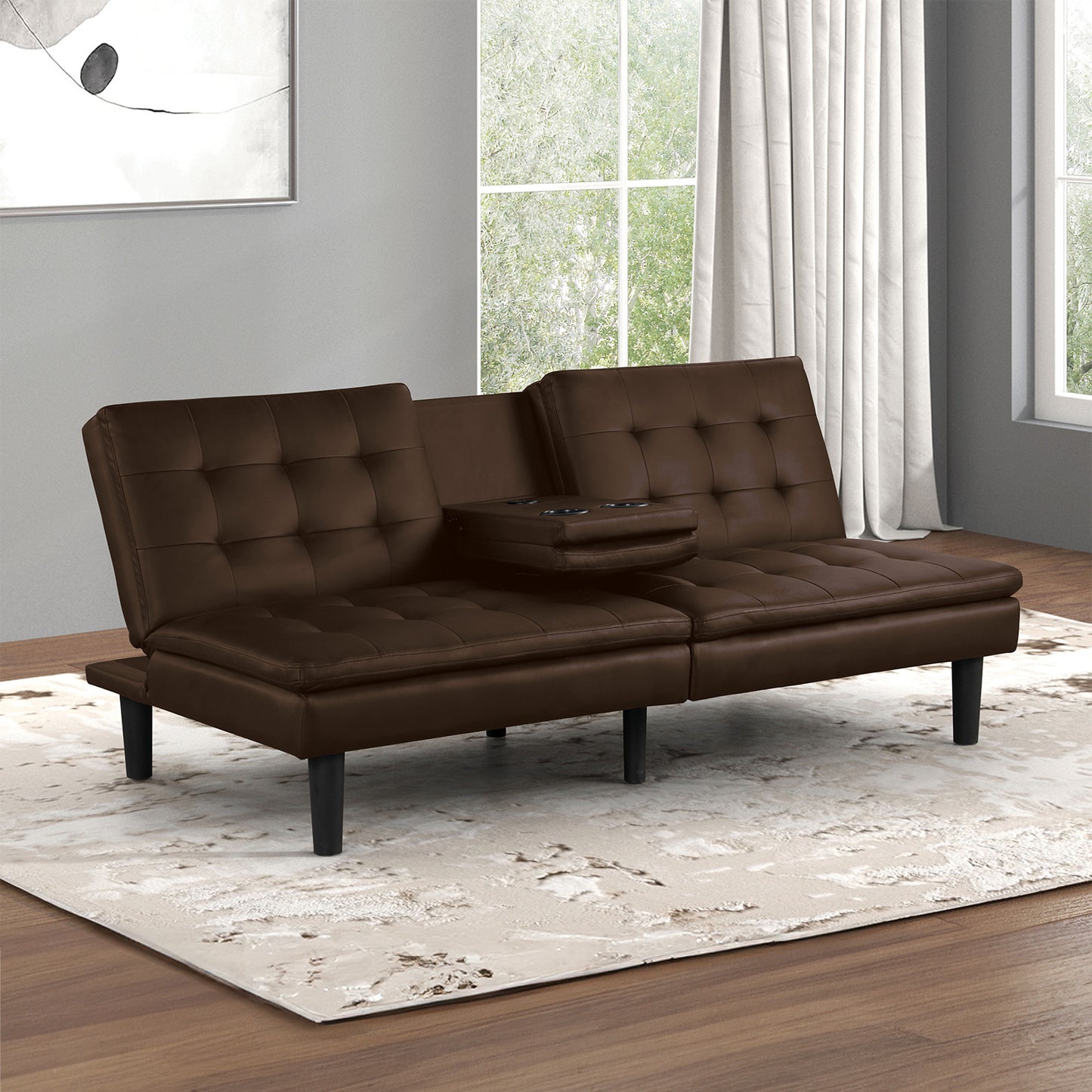 Contemporary Brown Futon Sofa Bed with Biscuit Tufting, Convertible Design, Drop-Down Table, USB Chargers