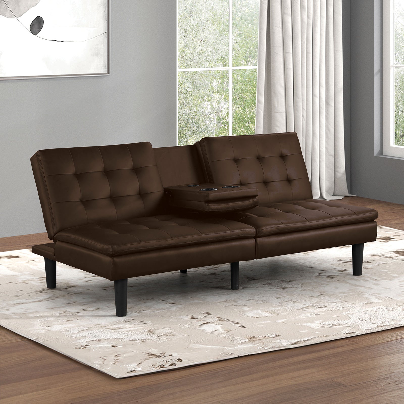 Contemporary Brown Futon Sofa Bed with Biscuit Tufting, Convertible Design, Drop-Down Table, USB Chargers