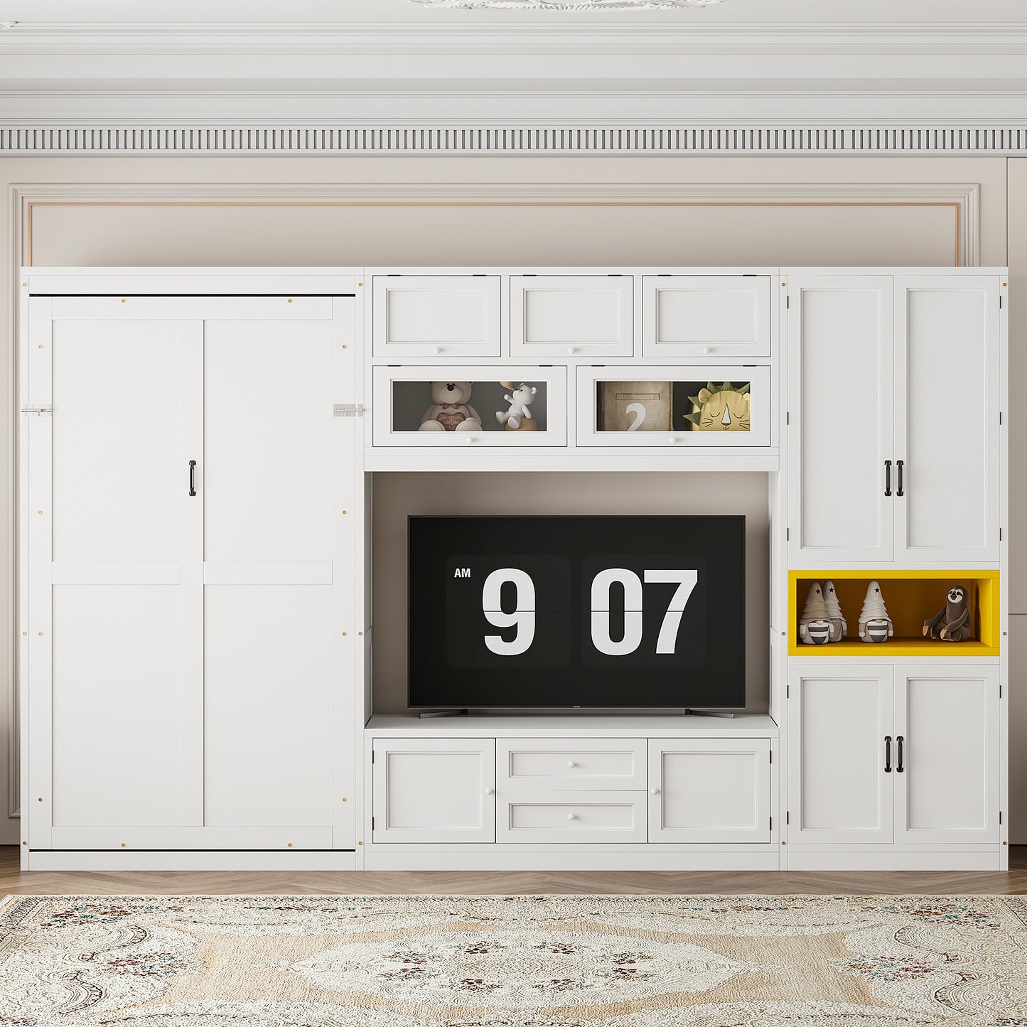 Twin Size Wooden Murphy Bed with TV Stand, Drawers, Shelves, and Cabinets in White