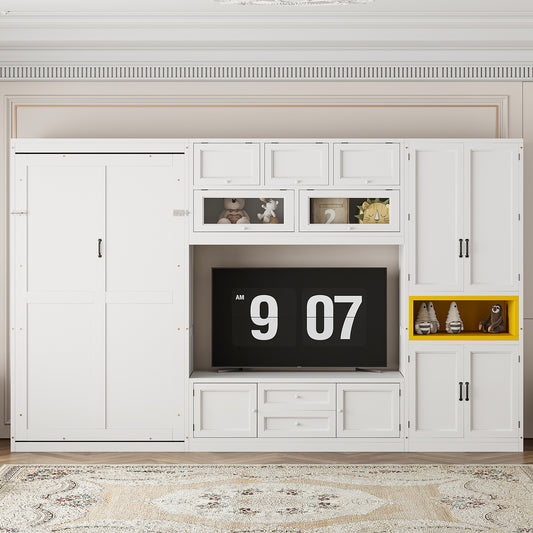 Twin Size Wooden Murphy Bed with TV Stand, Drawers, Shelves, and Cabinets in White