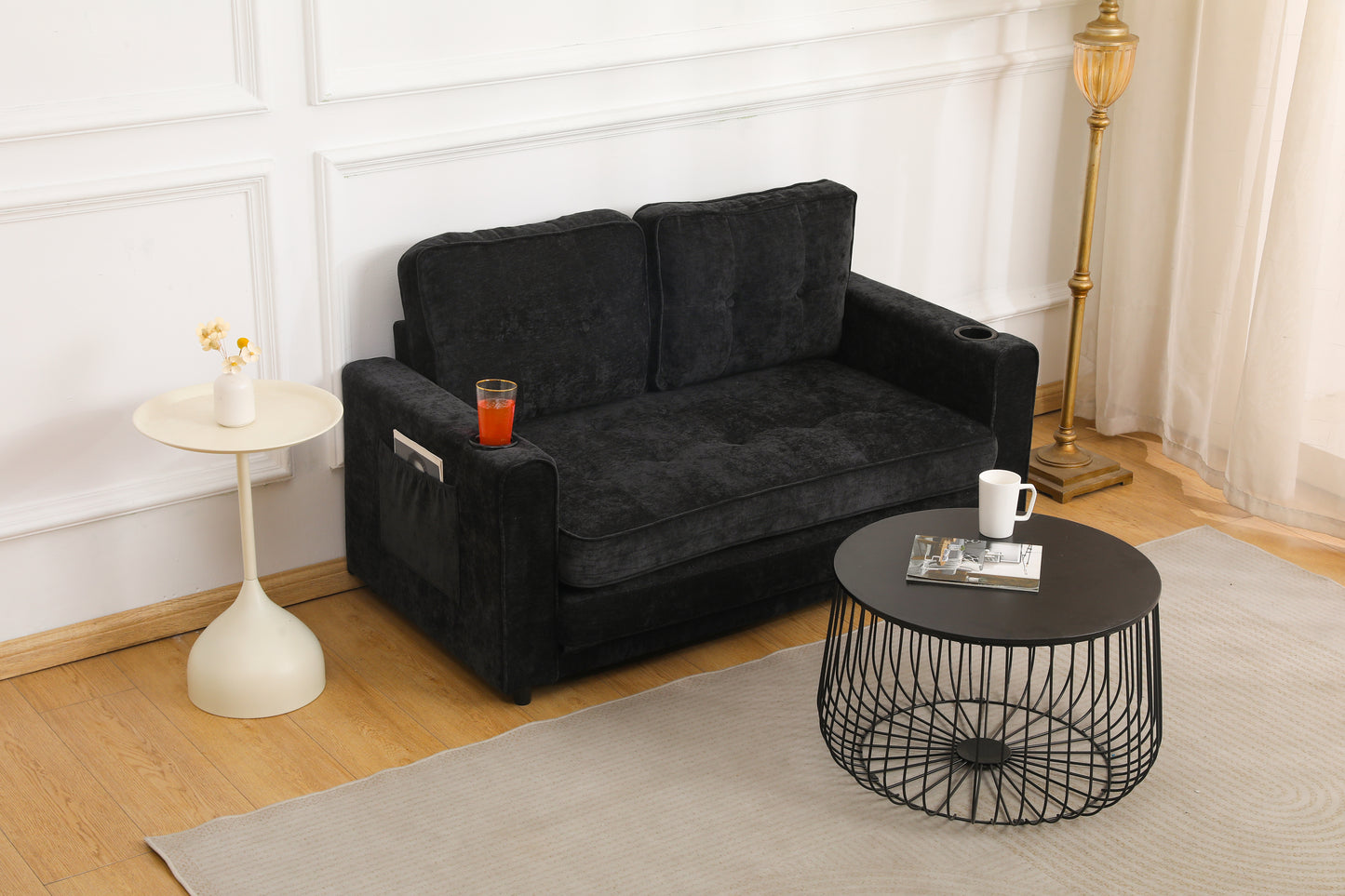 55'3" Fold Sofa – Convertible Futon Couch Sleeper Bed in Black Velvet Linen