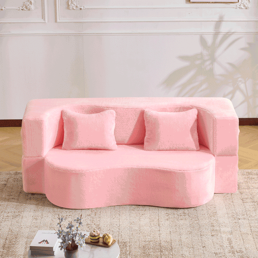 71-Inch Pink Folding Sofa Bed - Chenille Futon with High-Density Foam