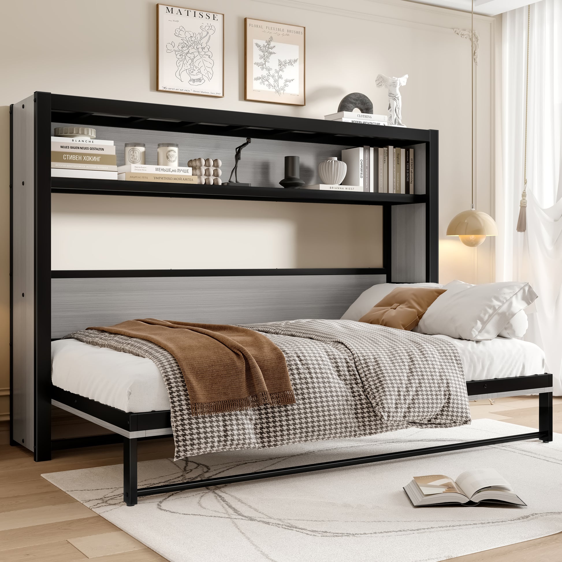 Twin Size Murphy Bed with Shelves - Space-saving Metal Wall Bed in Gray