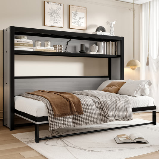 Twin Size Murphy Bed with Shelves - Space-saving Metal Wall Bed in Gray