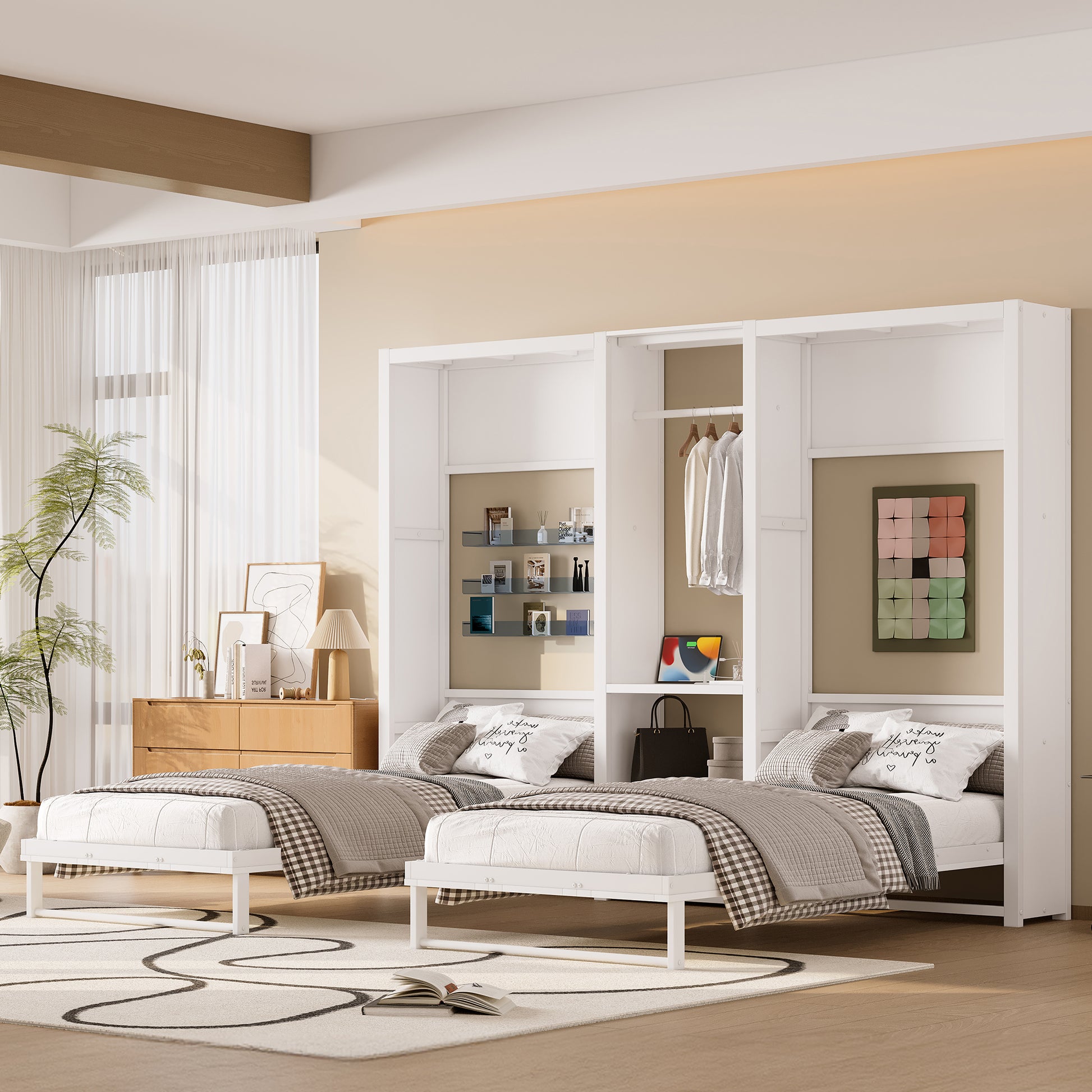 Twin and Twin Murphy Bed with Foldable Design and Wardrobe