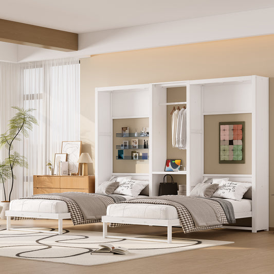 Twin and Twin Murphy Bed with Foldable Design and Wardrobe