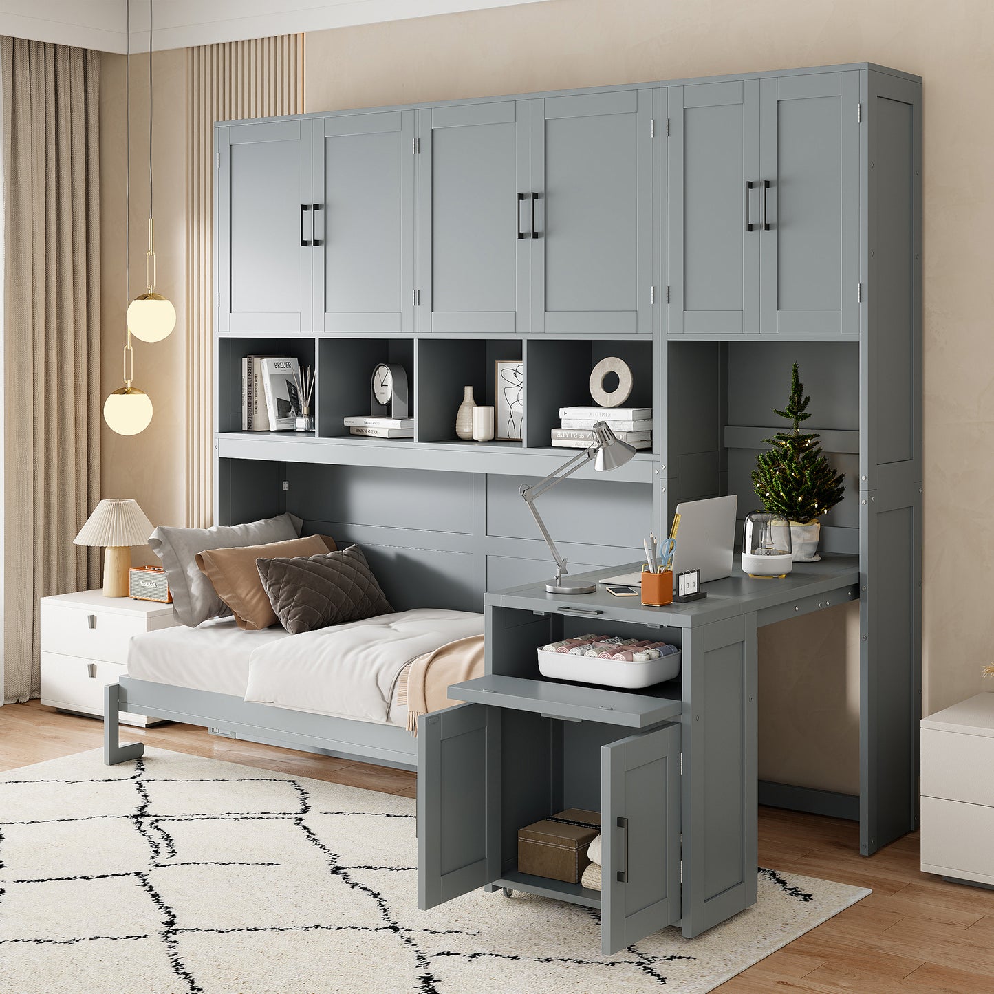 Twin Size Murphy Bed Wall Bed with Closet, Drawers & Desk - Gray