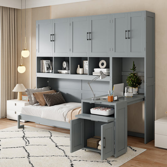 Twin Size Murphy Bed Wall Bed with Closet, Drawers & Desk - Gray