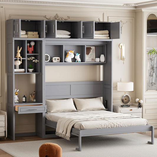 Queen Size Wall Murphy Bed with Desk, Top Cabinet and Storage Shelves - Space Saving Gray Bed