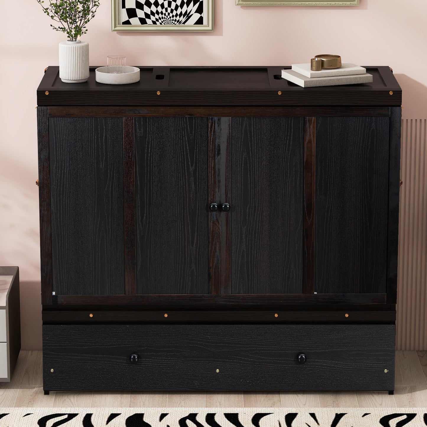 Full Size Murphy Bed with USB Port and Large Drawer in Espresso