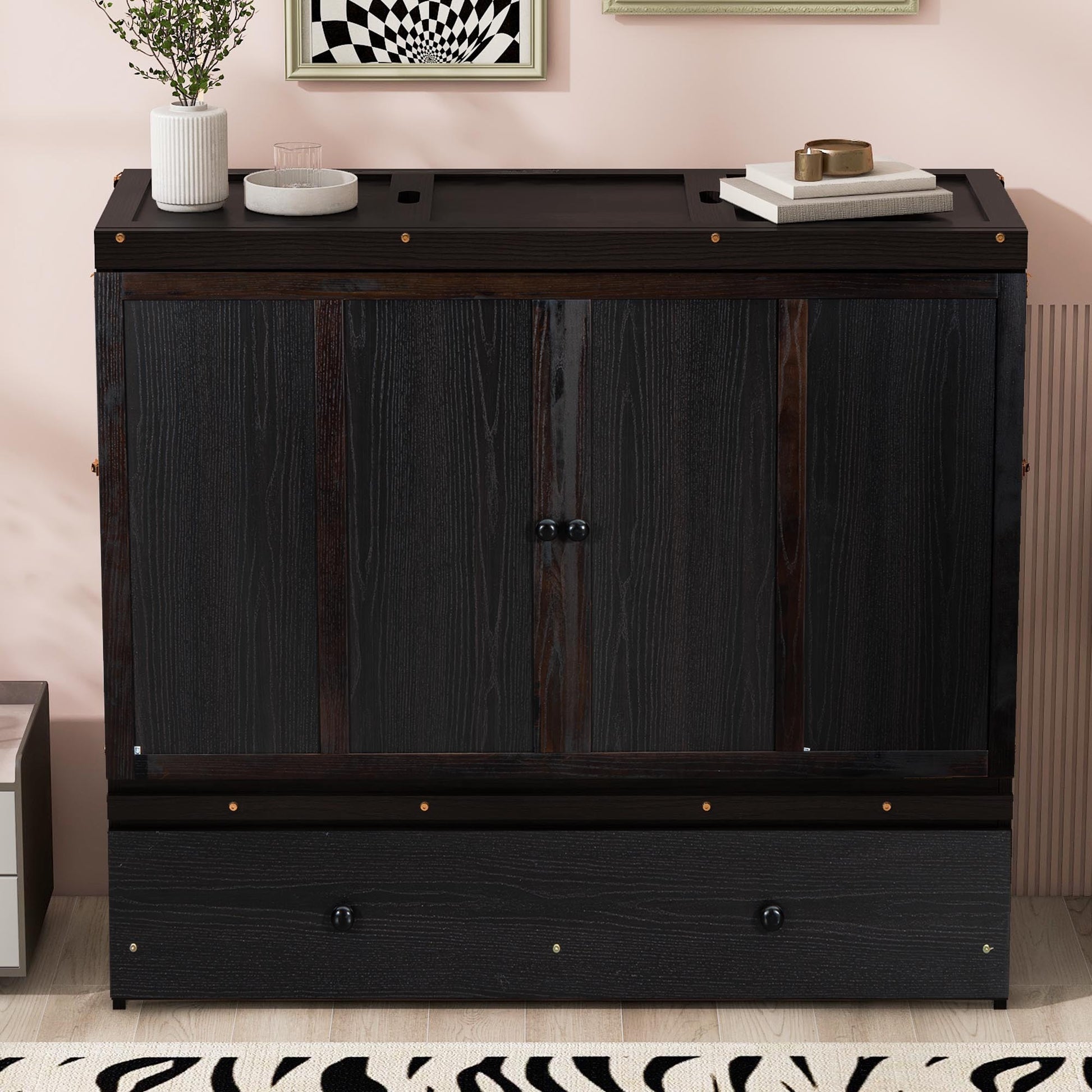 Full Size Murphy Bed with USB Port and Large Drawer in Espresso