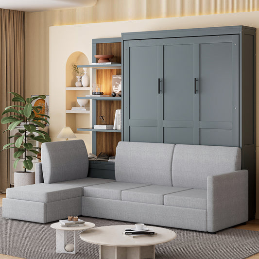 Queen Size Murphy Bed Wall Bed with Sofa and Shelves - Gray Space Saving Solution