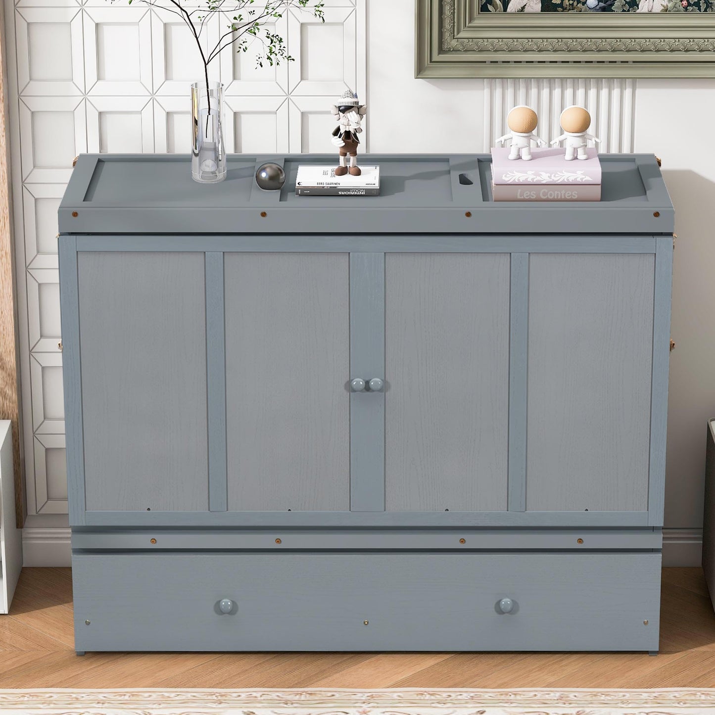 Queen Size Murphy Bed with USB Port and Large Drawer in Gray