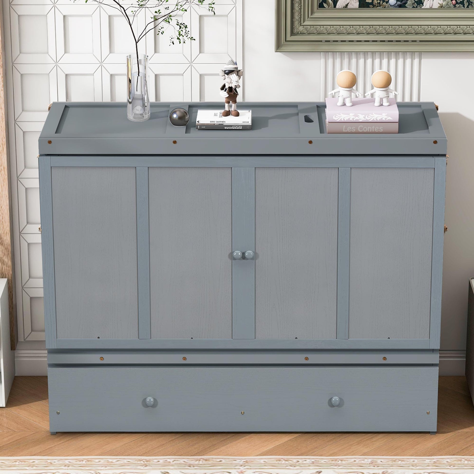 Queen Size Murphy Bed with USB Port and Large Drawer in Gray