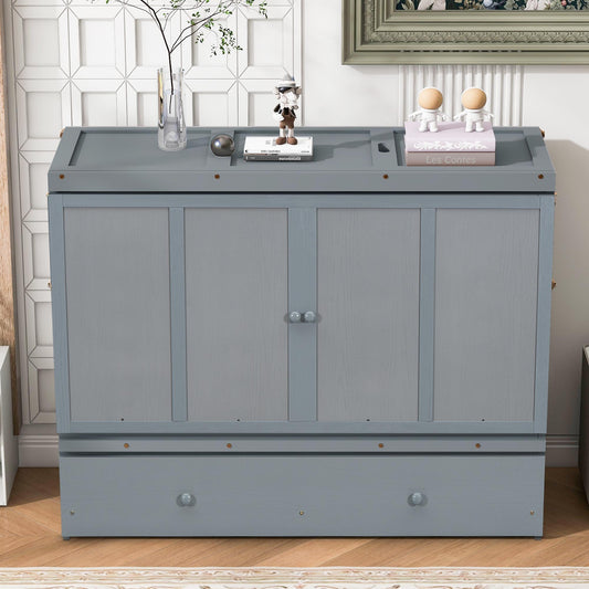 Queen Size Murphy Bed with USB Port and Large Drawer in Gray