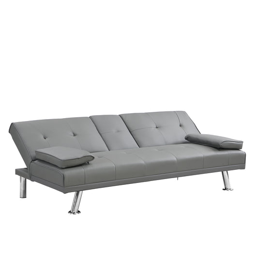 Modern Grey PVC Sofa Bed with Armrest and Holders - Convertible Futon Style