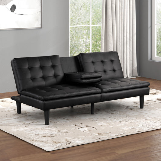 Contemporary Black Futon Sofa Bed with USB Chargers and Drop-Down Table