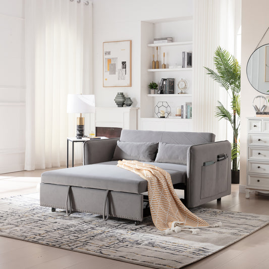 3 in 1 Convertible Sleeper Futon Sofa Bed - Velvet Loveseat with Reclining Backrest and Side Pockets