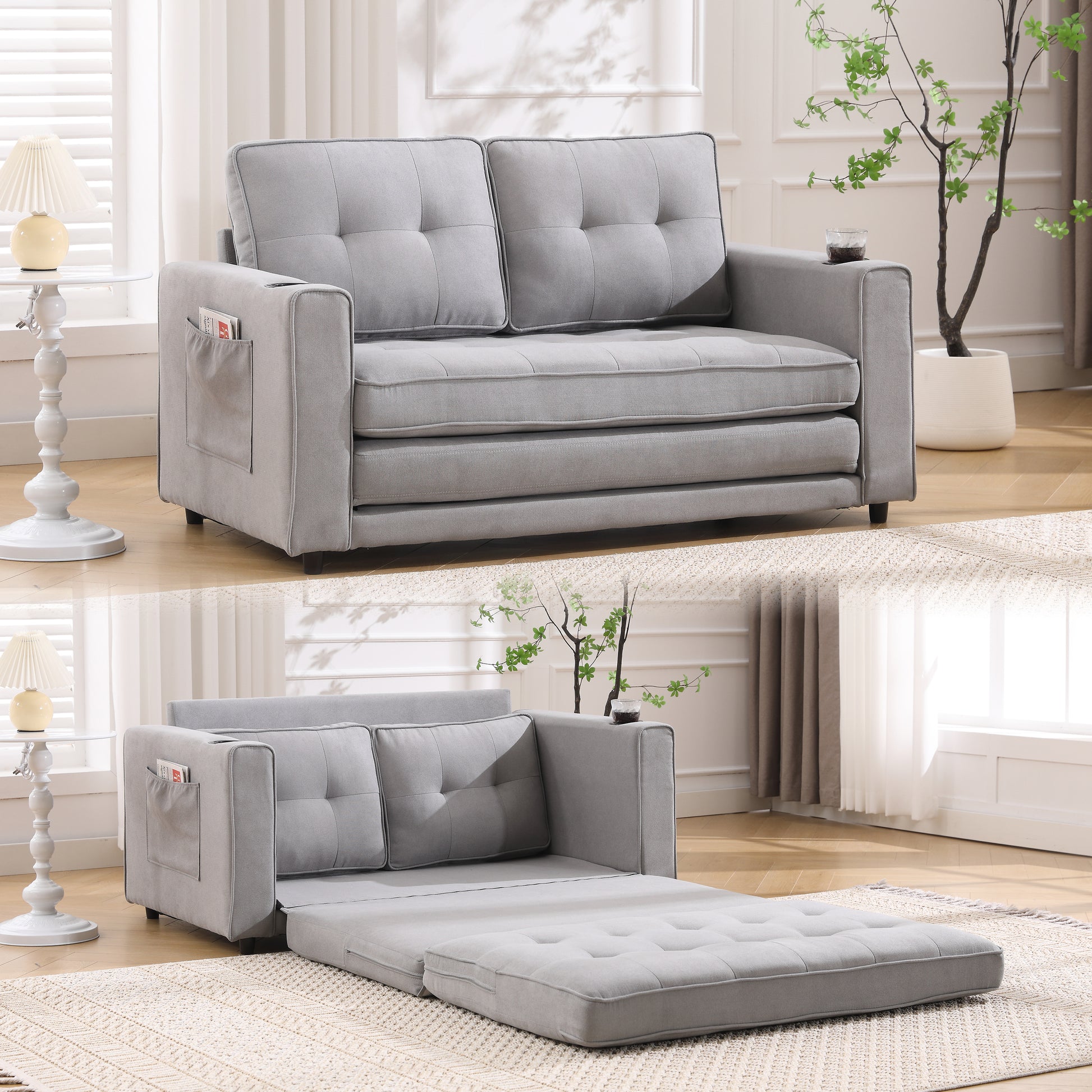 3-in-1 Upholstered Futon Sofa Bed - Light Gray Convertible Loveseat with Cup Holder
