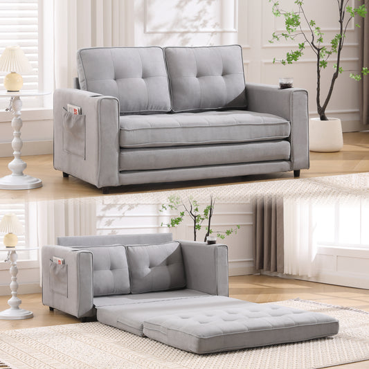3-in-1 Upholstered Futon Sofa Bed - Light Gray Convertible Loveseat with Cup Holder