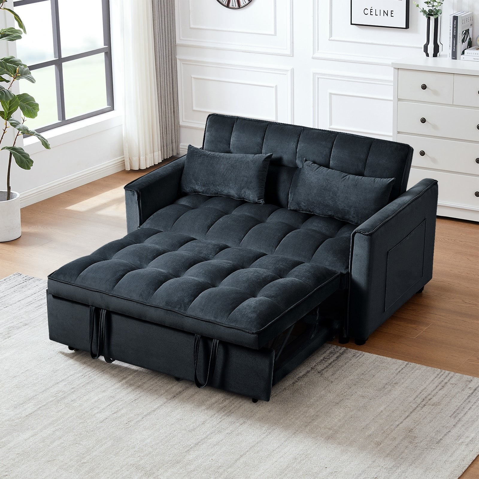 3 in 1 Convertible Sleeper Sofa Bed – Modern Velvet Loveseat Futon in Black