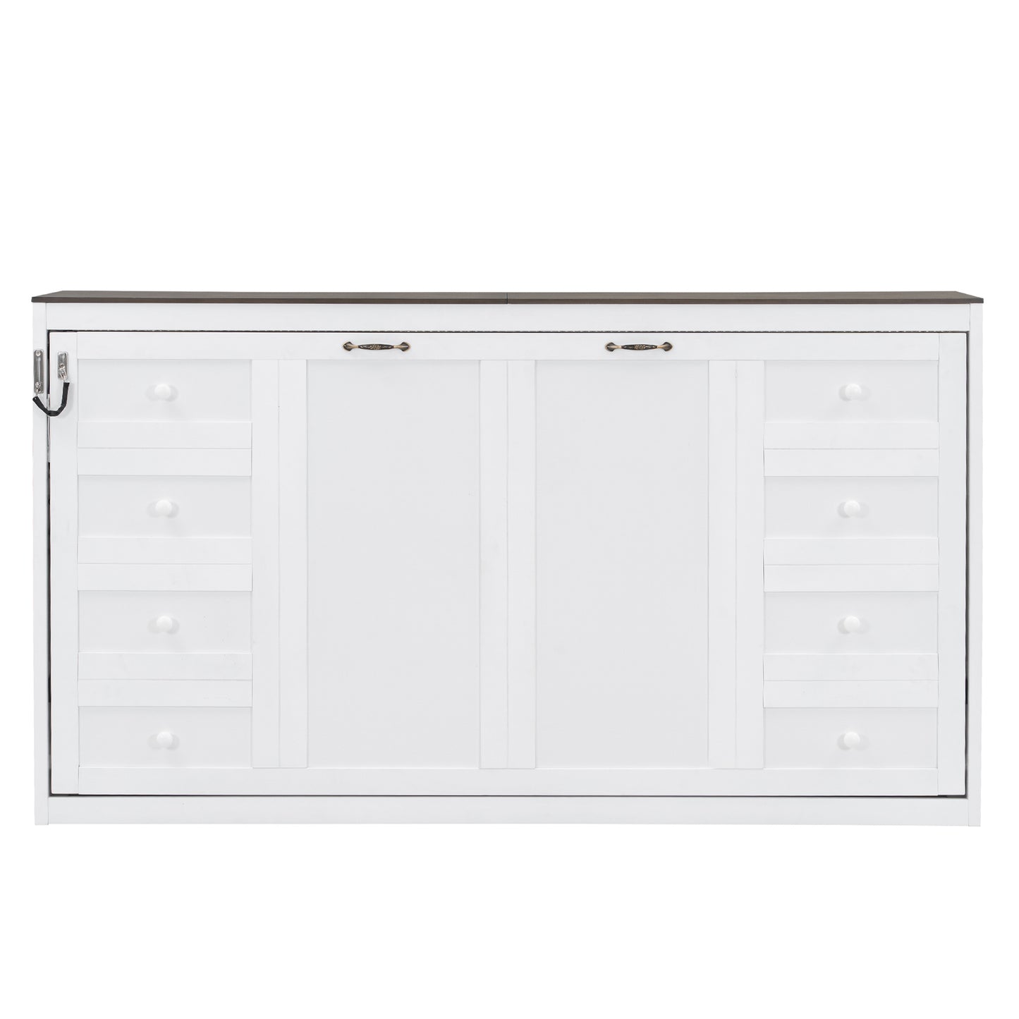 White+Brown Twin Size Murphy Bed with LED Light, Foldable Wall Bed Cabinet, Solid Wood+MDF