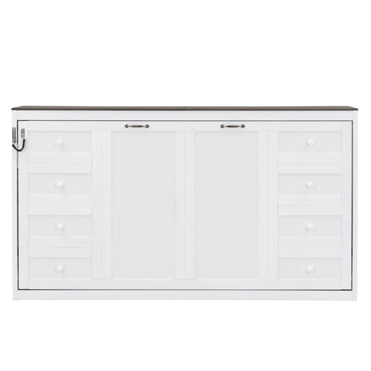 White+Brown Twin Size Murphy Bed with LED Light, Foldable Wall Bed Cabinet, Solid Wood+MDF